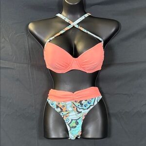 Elegant Coral and Patterned Blue Bikini Set